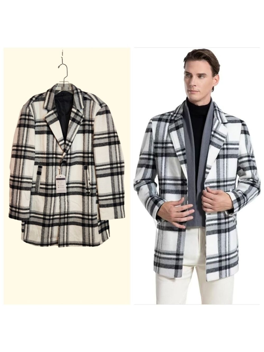 Amazon Wool Blend Plaid Mens Trench Coat Winter Overcoat White/Black Medium